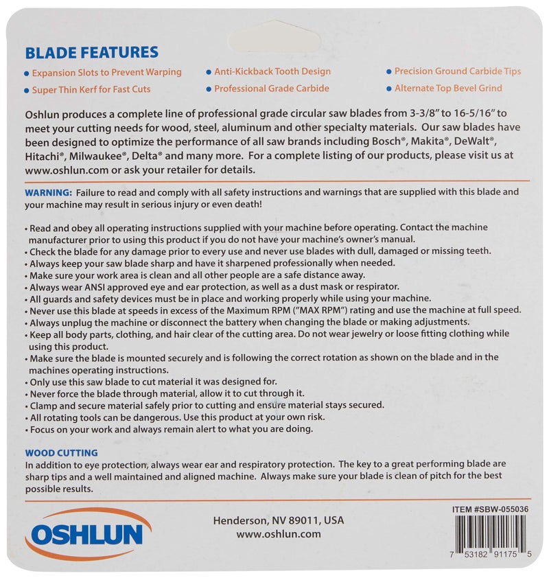 Oshlun SBW-055036 5-1/2-Inch 36 Tooth ATB Finishing and Trimming Saw Blade with 5/8-Inch Arbor (1/2-Inch and 10mm Bushings) - Image 3